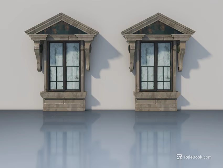 Symmetric Classical Swing Doors With Stone Frame Triangular Top And Glass Panels 3d model 