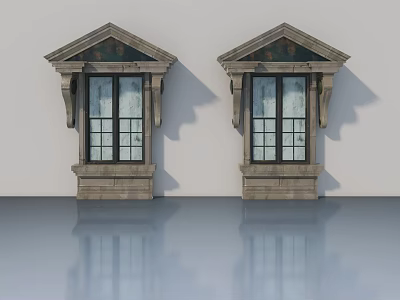 Symmetric Classical Swing Doors With Stone Frame Triangular Top And Glass Panels 3d model