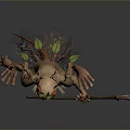 Mystical Creature With Cat Like Head Green Eyes Red Ears Holding Staff And Decorative Outfit