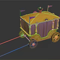 Elegant Yellow Carriage With Purple Curtains Flags Top Decoration And Wooden Poles
