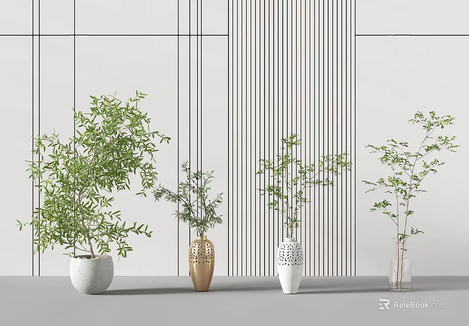 Four Various Style Vases with Green Plants Against White Wall Black Vertical Stripes 3d model 
