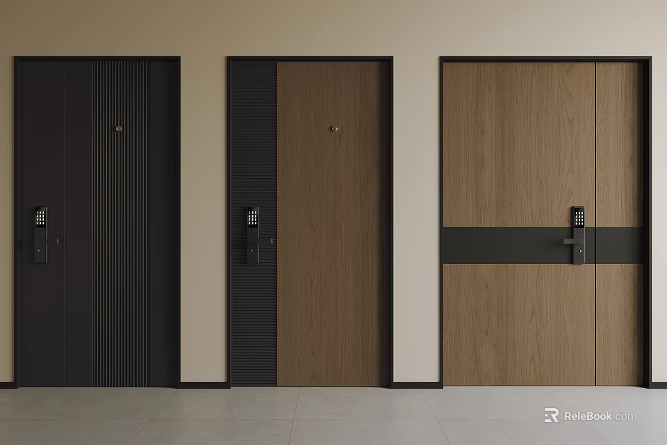 Modern Security Doors With Wooden Panel And Dark Brown Stripe Design Styles 3d model 