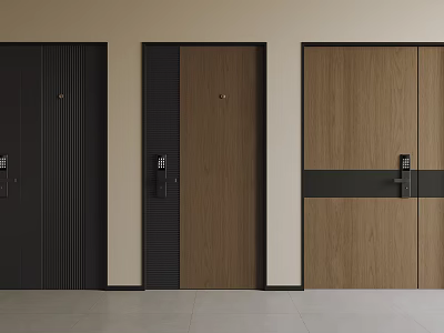 Modern Security Doors With Wooden Panel And Dark Brown Stripe Design Styles 3d model