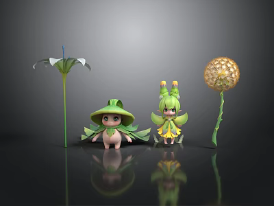 Plant Themed Cartoon Characters With Green Hats White Flower And Dandelion Sphere 3d model