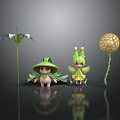 Plant Themed Cartoon Characters With Green Hats White Flower And Dandelion Sphere
