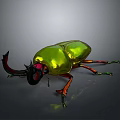 Stunning Metallic Green Shiny Beetle With Prominent Horns And Orange Legs