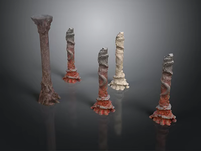 Artistic Handcrafted Sculptures With Spiral Carved Design And Red White Bases 3d model