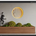 Bonsai Potted Plants With Green Moss On Wooden Base Monkey Statue And Round Glowing Moon