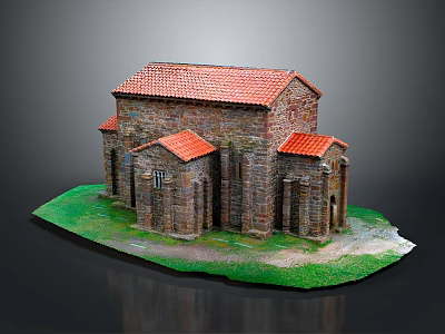 Ancient Stone Building Model With Red Tiled Roof And Arched Windows On Green Grass Base 3d model