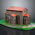 Ancient Stone Building Model With Red Tiled Roof And Arched Windows On Green Grass Base