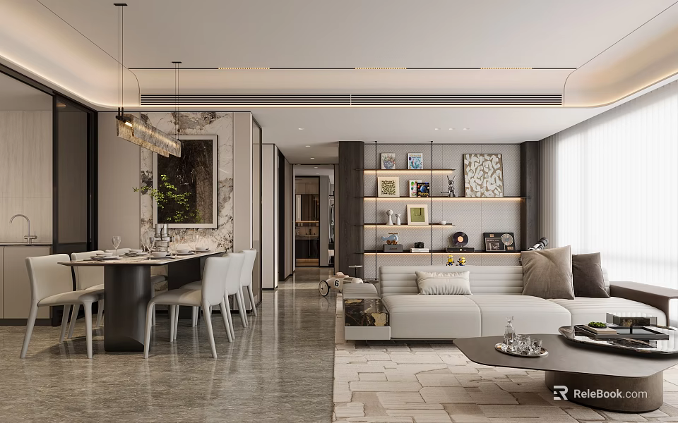Modern Sales Office Interior Design With Open Space Sofa Coffee Table Dining Chairs And Decorative Shelves 3d model 