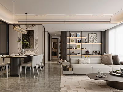 Modern Sales Office Interior Design With Open Space Sofa Coffee Table Dining Chairs And Decorative Shelves 3d model