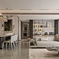 Modern Sales Office Interior Design With Open Space Sofa Coffee Table Dining Chairs And Decorative Shelves