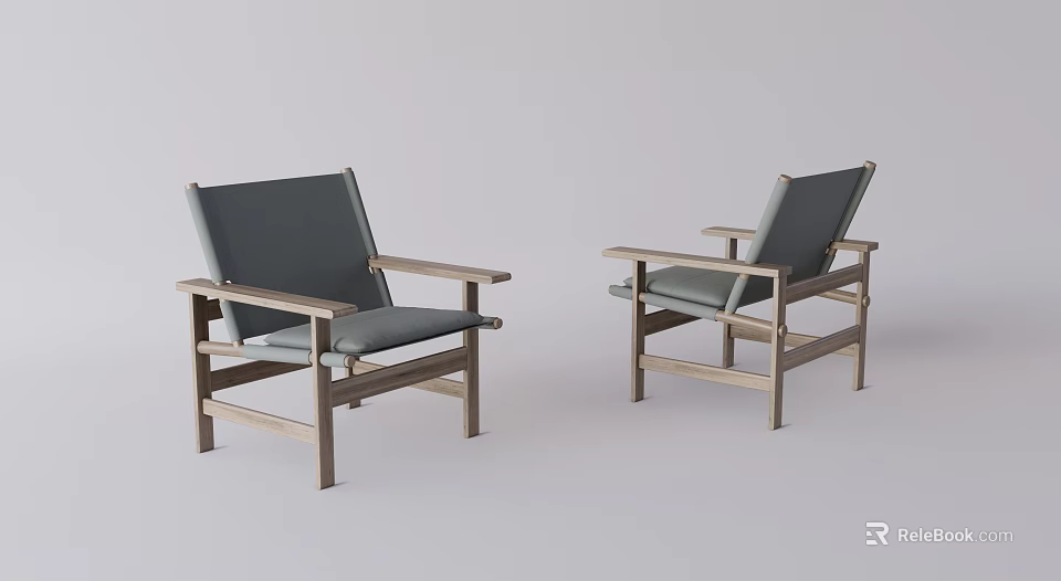 Two Leisure Chairs with Wooden Frame Gray Seat Cushions and Armrests Modern Design 3d model 