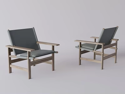 Two Leisure Chairs with Wooden Frame Gray Seat Cushions and Armrests Modern Design 3d model