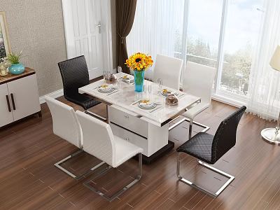 Modern Dining Table Set With Black And White Chairs Yellow Flowers And Tableware 3d model