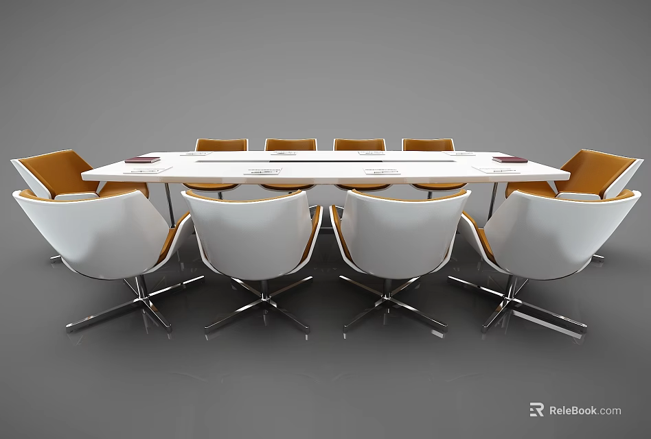 Modern Office Conference Table with White Orange Chairs and Metallic Base Design 3d model 
