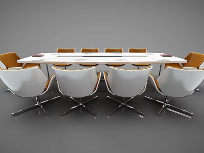 Modern Office Conference Table with White Orange Chairs and Metallic Base Design 3d model