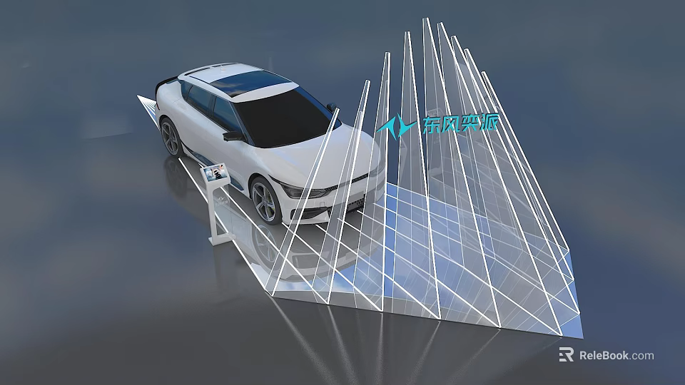 Sleek Modern White Car Showcased On Geometric Exhibition Stand 3d model 