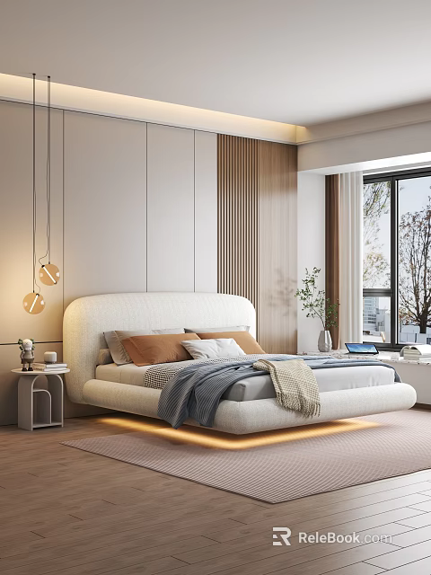 Cozy Modern Bedroom Interior With Plush Bed Hanging Lamps Wooden Accent Wall And Green Plant 3d model 