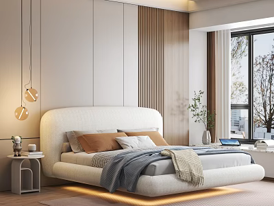 Cozy Modern Bedroom Interior With Plush Bed Hanging Lamps Wooden Accent Wall And Green Plant 3d model