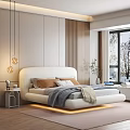 Cozy Modern Bedroom Interior With Plush Bed Hanging Lamps Wooden Accent Wall And Green Plant
