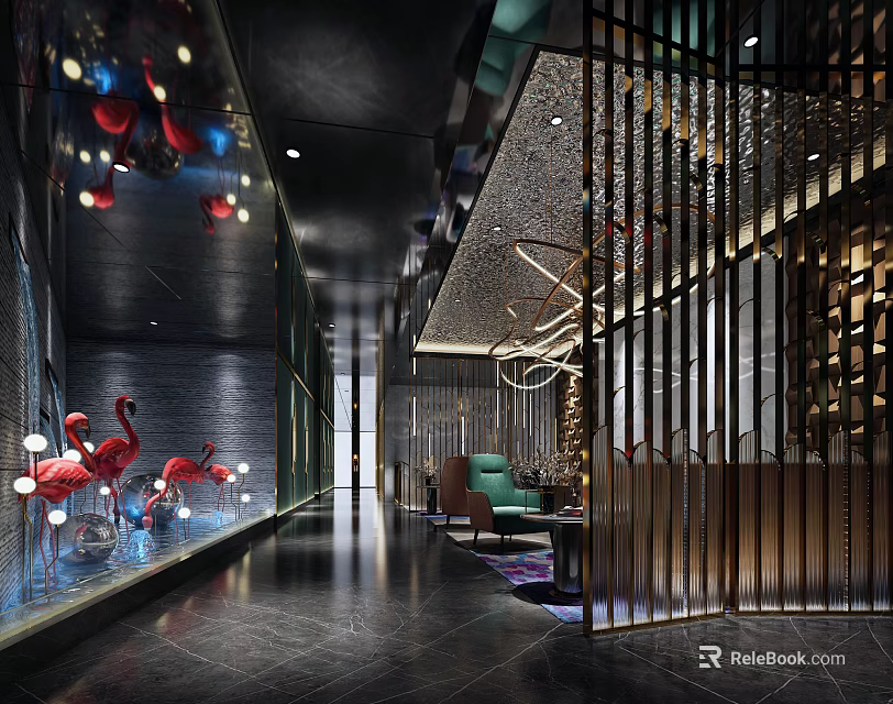 Modern Luxury Café Interior With Mirror Walls Red Flamingo Decor Green Sofas And Metal Screens 3d model 