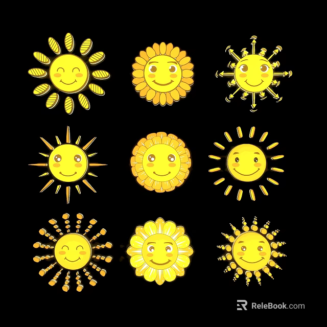 Cute Yellow Sun Shaped Pendants With Smiling Faces And Various Radial Patterns 3d model