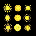 Cute Yellow Sun Shaped Pendants With Smiling Faces And Various Radial Patterns 3d model