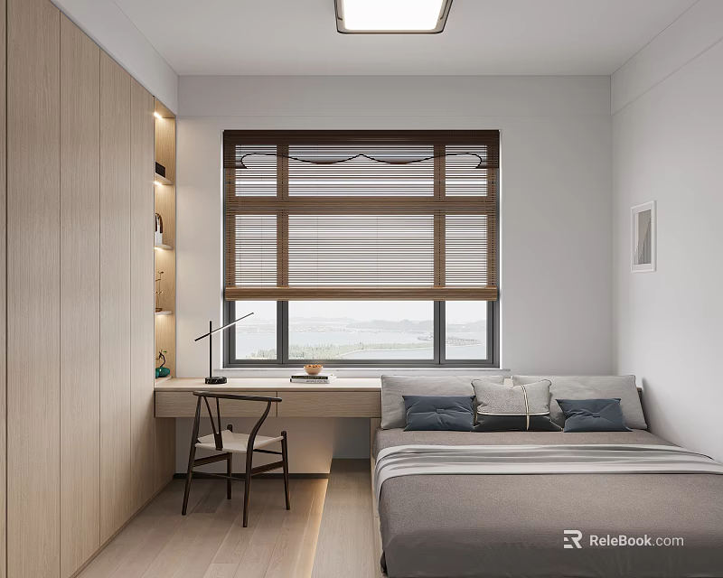 Tatami Bedroom Interior Design With Bed Desk Chair Window And Wooden Cabinet 3d model 