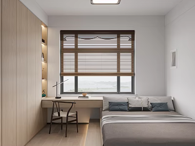 Tatami Bedroom Interior Design With Bed Desk Chair Window And Wooden Cabinet 3d model