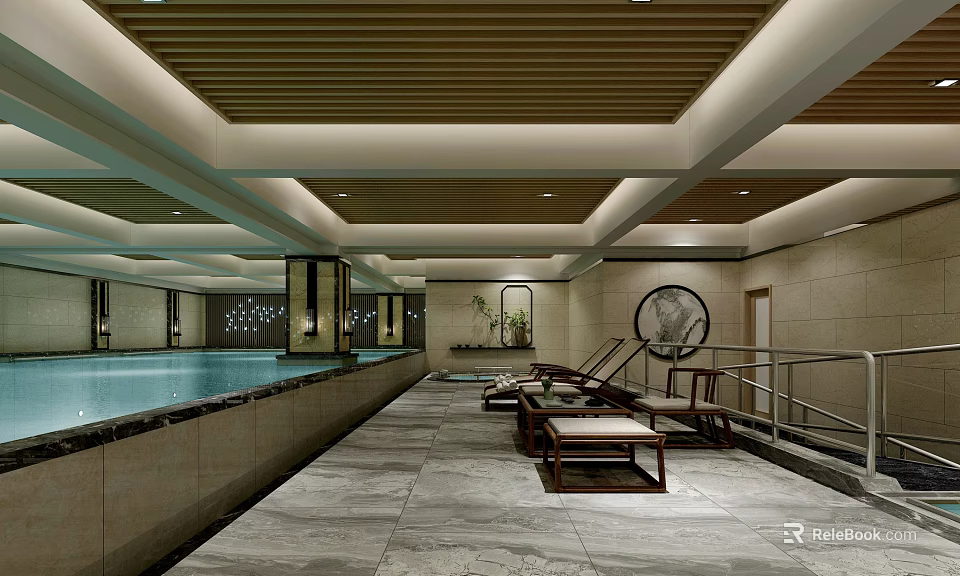 Modern Indoor Swimming Pool Interior With Wooden Ceiling And Relaxation Loungers 3d model 