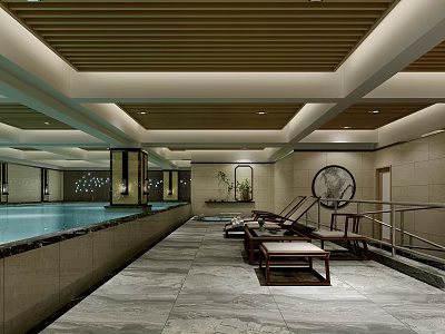 Modern Indoor Swimming Pool Interior With Wooden Ceiling And Relaxation Loungers 3d model