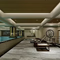 Modern Indoor Swimming Pool Interior With Wooden Ceiling And Relaxation Loungers