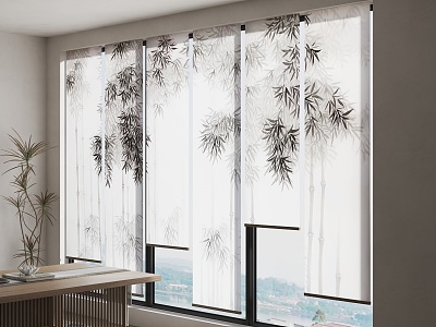 New Chinese Zen Gauze Curtain Bamboo Gauze Curtain Ink Landscape Painting Gauze Curtain New Chinese Tea Room Tea Room Table and Chair New Chinese Bamboo Roller Curtain model