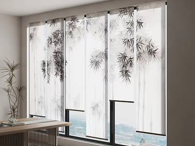 New Chinese Zen Gauze Curtain Bamboo Gauze Curtain Ink Landscape Painting Gauze Curtain New Chinese Tea Room Tea Room Table and Chair New Chinese Bamboo Roller Curtain 3d model