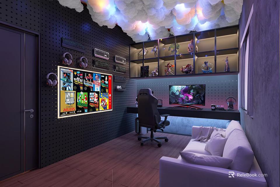 Gaming Entertainment Room With Wall Posters Cloud Lights Figurine Shelves Gaming Chair Desk And Sofa 3d model 