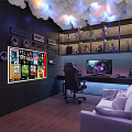 Gaming Entertainment Room With Wall Posters Cloud Lights Figurine Shelves Gaming Chair Desk And Sofa