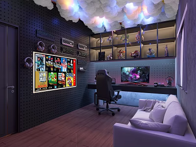 Gaming Entertainment Room With Wall Posters Cloud Lights Figurine Shelves Gaming Chair Desk And Sofa 3d model