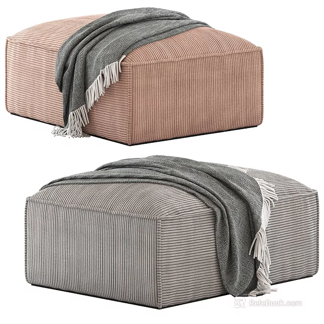 Pink and Gray Corduroy Ottomans with Fringed Blanket for Living Space Decor 3d model 