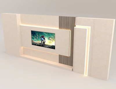 Modern Beige Background Wall With Embedded TV Screen LED Strip Lighting And Wooden Strips 3d model