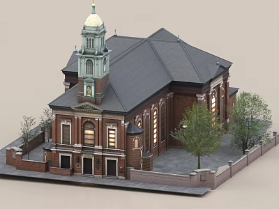 European Style Building With Tower Gray Roof Red Brick Exterior Windows Trees And Fence 3d model
