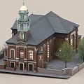 European Style Building With Tower Gray Roof Red Brick Exterior Windows Trees And Fence
