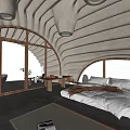 Hotel Guest Room Interior With Arched Windows Concrete Structure Cozy Bed And Forest Views