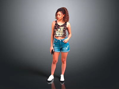 Woman Wearing Leopard Print Tank Top And Denim Shorts With Curly Hair Holding Phone 3d model