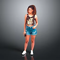 Woman Wearing Leopard Print Tank Top And Denim Shorts With Curly Hair Holding Phone