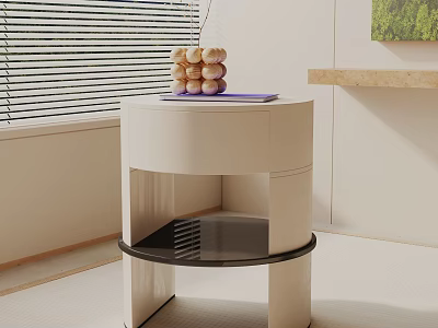 Modern White Bedside Table with Round Top Decorative Balls and Black Lower Shelf 3d model