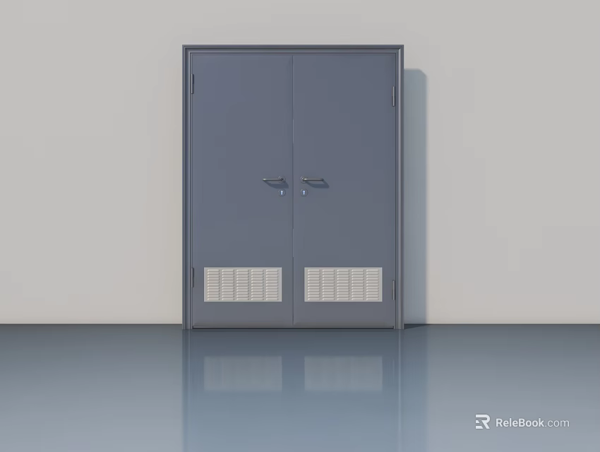 Gray Double Casement Window with Ventilation Grilles on Light Colored Wall and Smooth Reflective Floor 3d model