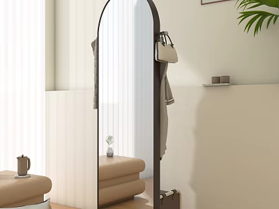 Arched Standing Floor Mirror in Home Interior with Hanging Handbag and Green Plant 3d model