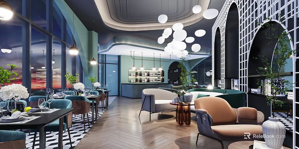 Elegant Modern Restaurant Interior Design With Comfortable Seating Green Plants And Pendant Lights 3d model 
